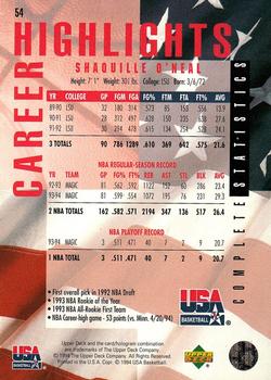 1994 Upper Deck USA - Gold Medal #54 Shaquille O'Neal Back