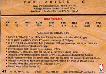 1993 Action Packed Hall of Fame #43 Paul Arizin Back