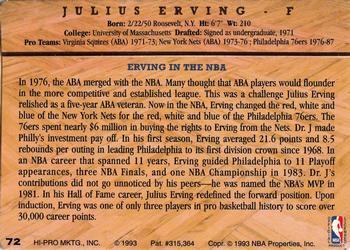 1993 Action Packed Hall of Fame #72 Julius Erving Back
