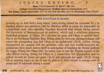1993 Action Packed Hall of Fame #68 Julius Erving Back
