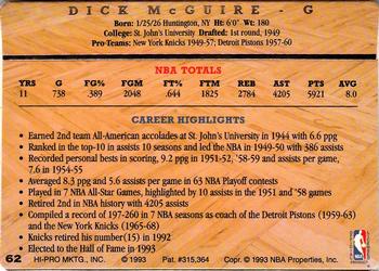 1993 Action Packed Hall of Fame #62 Dick McGuire Back