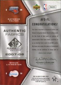 2007-08 SP Game Used - Authentic Fabrics Dual #AFD-FL Shaun Livingston / Raymond Felton Back