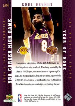 2001 Upper Deck Los Angeles Lakers Back2Back Champions #LA14 Kobe Bryant Back