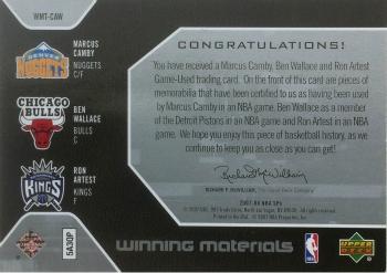 2007-08 SPx - Winning Materials Triples #WMT-CAW Marcus Camby / Ron Artest / Ben Wallace Back