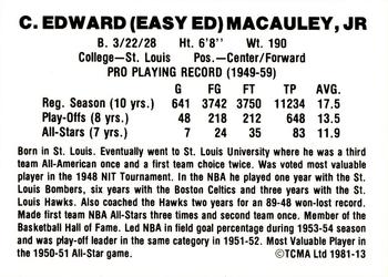 1981 TCMA #13 Ed Macauley Back