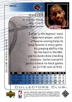 2001-02 Upper Deck Club Exclusive #NBA3 Vince Carter Back