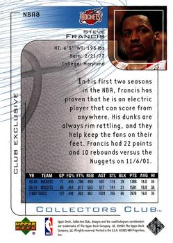 2001-02 Upper Deck Club Exclusive #NBA8 Steve Francis Back