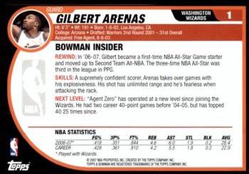 2007-08 Bowman - Chrome #1 Gilbert Arenas Back