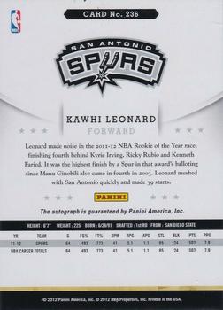 2012-13 Hoops - Autographs #236 Kawhi Leonard Back