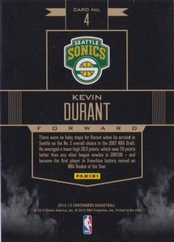 2012-13 Panini Contenders - Rookie Remembrance #4 Kevin Durant Back