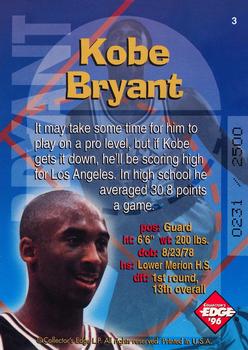 1996 Collector's Edge Rookie Rage - Radical Recruits Holofoil #3 Kobe Bryant Back
