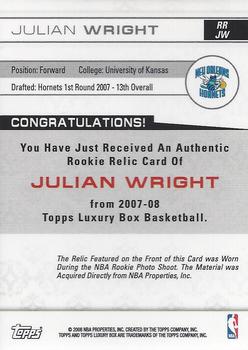 2007-08 Topps Luxury Box - Rookie Relics #RR-JW Julian Wright Back