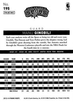 2013-14 Hoops #195 Manu Ginobili Back