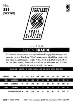 2013-14 Hoops #289 Allen Crabbe Back
