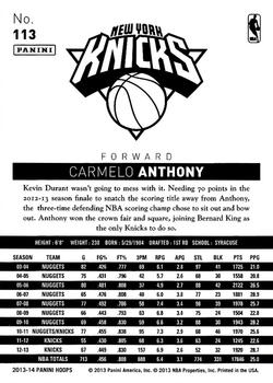 2013-14 Hoops #113 Carmelo Anthony Back
