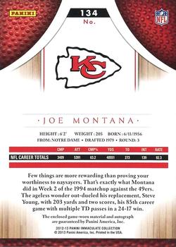 2012-13 Panini Immaculate Collection - Rookie Autographed Patches Sports Variations #134 Joe Montana Back