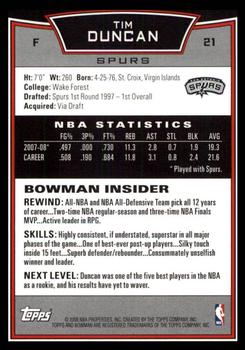 2008-09 Bowman #21 Tim Duncan Back