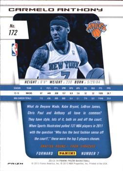 2013-14 Panini Prizm - Prizms Red White and Blue Mosaic #172 Carmelo Anthony Back