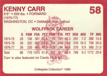 1989 Collegiate Collection North Carolina State's Finest #58 Kenny Carr Back