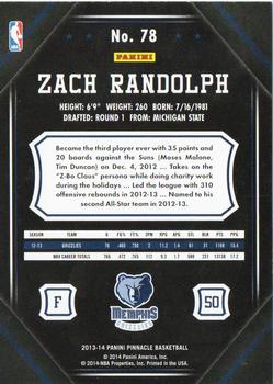 2013-14 Pinnacle - Artist Proof Red #78 Zach Randolph Back