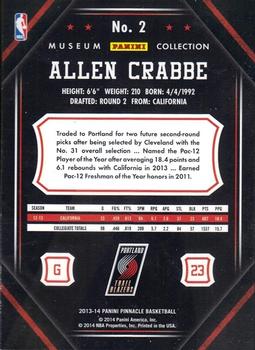 2013-14 Pinnacle - Museum Collection #2 Allen Crabbe Back