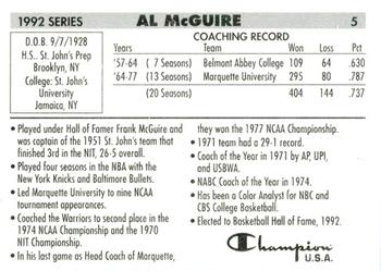 1992 Champion Hall of Fame Inductees #5 Al McGuire Back