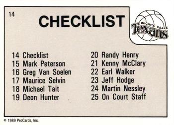 1989-90 ProCards CBA #14 Wichita Falls Texans Checklist Back