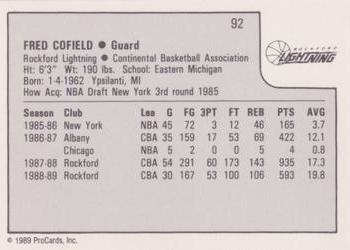 1989-90 ProCards CBA #92 Fred Cofield Back