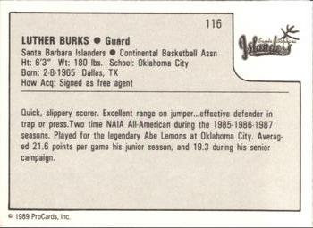 1989-90 ProCards CBA #116 Luther Burks Back