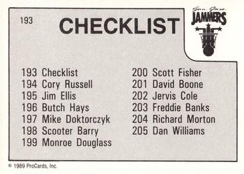 1989-90 ProCards CBA #193 San Jose Jammers Checklist Back