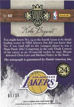 2013-14 Panini Court Kings - Autographs #40 Kobe Bryant Back