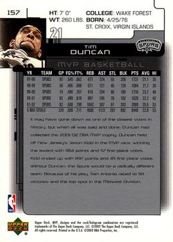 2002-03 Upper Deck MVP #157 Tim Duncan Back