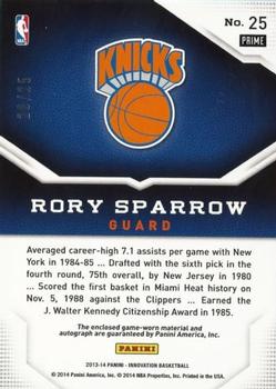 2013-14 Panini Innovation - Game Jerseys Autographs Prime #25 Rory Sparrow Back