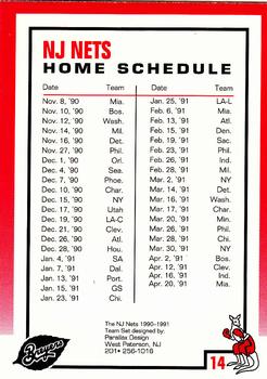 1990-91 Kayo Breyer's New Jersey Nets #14 New Jersey Nets Schedule Back