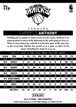 2014-15 Hoops #119 Carmelo Anthony Back