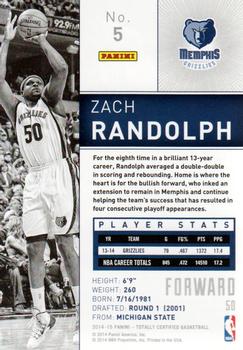 2014-15 Panini Totally Certified #5 Zach Randolph Back