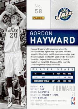2014-15 Panini Totally Certified #58 Gordon Hayward Back