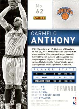 2014-15 Panini Totally Certified #62 Carmelo Anthony Back