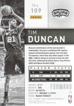 2014-15 Panini Totally Certified #109 Tim Duncan Back