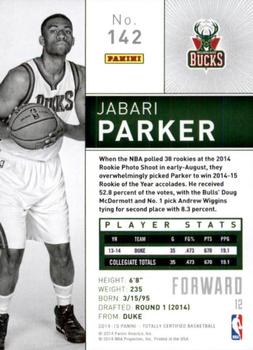 2014-15 Panini Totally Certified #142 Jabari Parker Back