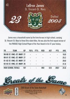 2009-10 Upper Deck Greats of the Game #40 LeBron James Back