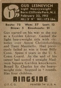 1951 Topps Ringside #1 Gus Lesnevich Back