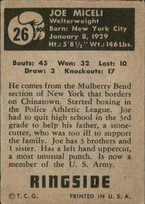1951 Topps Ringside #26 Joe Miceli Back