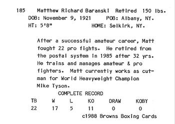 1988 Brown's #185 Matt Baranski Back