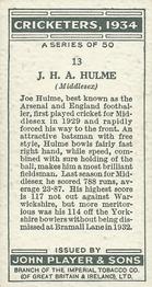 1934 Player's Cricketers #13 Joe Hulme Back