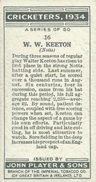 1934 Player's Cricketers #16 Walter Keeton Back