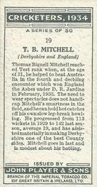 1934 Player's Cricketers #19 Tommy Mitchell Back