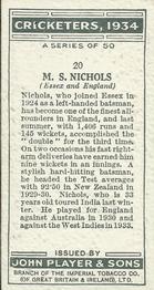 1934 Player's Cricketers #20 Stan Nichols Back