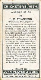 1934 Player's Cricketers #27 Leslie Townsend Back