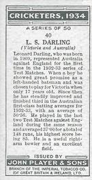 1934 Player's Cricketers #40 Len Darling Back